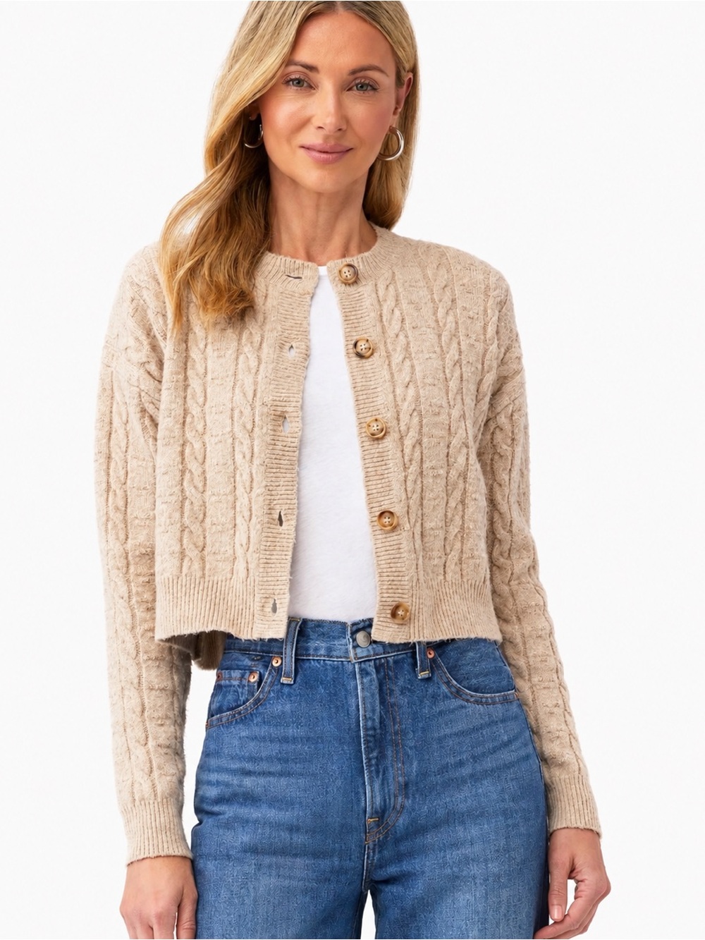 John + Jenn Arthur Cable Knit Cardigan Butterscotch Brown M
